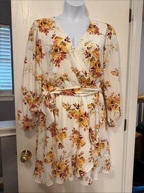 LC Lauren Conrad Cream Floral Wrap Mini Dress with Autumn Blooms